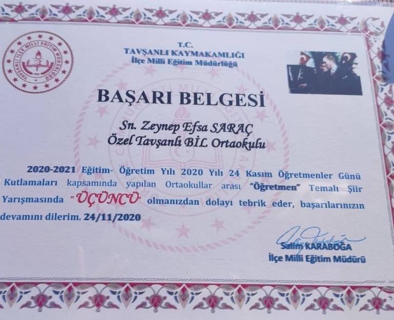 24 KASIM ÖĞRETMEN GÜNÜ ORTAOKULLAR ARASI ŞİİR YARIŞMASI İlçe 3.sü