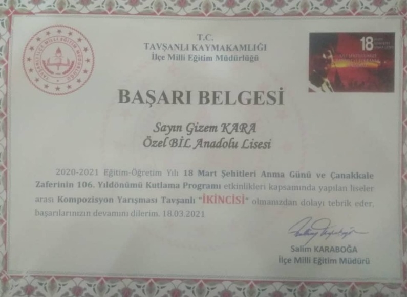 ÇANAKKALE SAVAŞLARININ 106.YIL DÖNÜMÜ KAPSAMINDA LİSELER ARASI KOMPOZİSYON YARIŞMASI İlçe 2.si