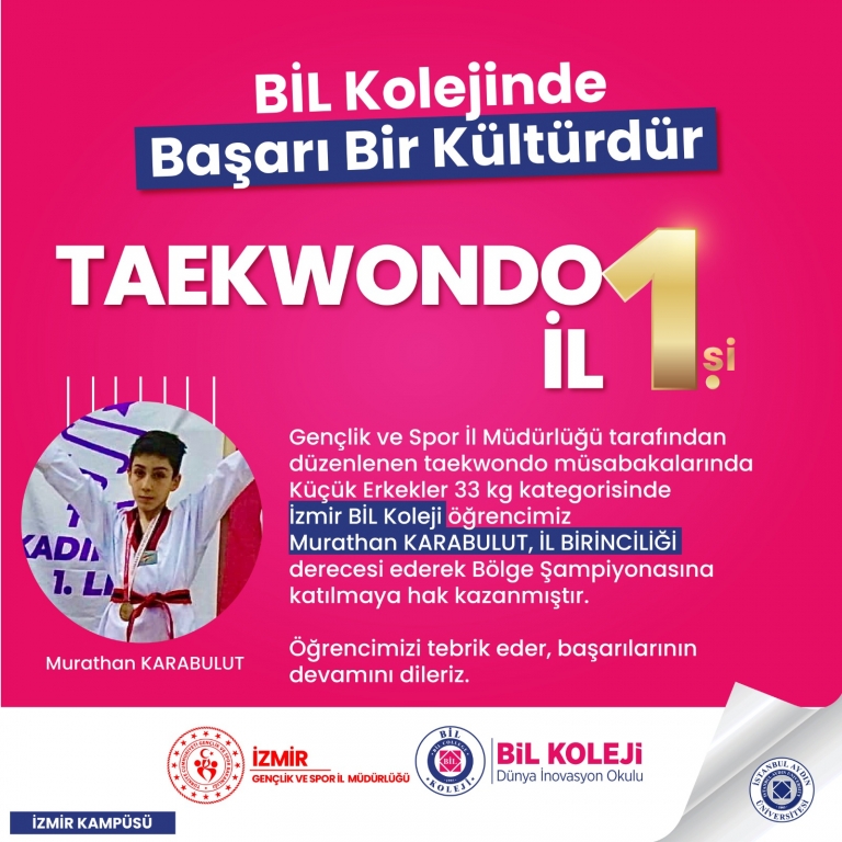 Gençlik ve Spor İl Müdürlüğü Okul sporları Taekwondo Küçük erkekler 33kg karşılaşmalarında İzmir İl 1.siyiz.