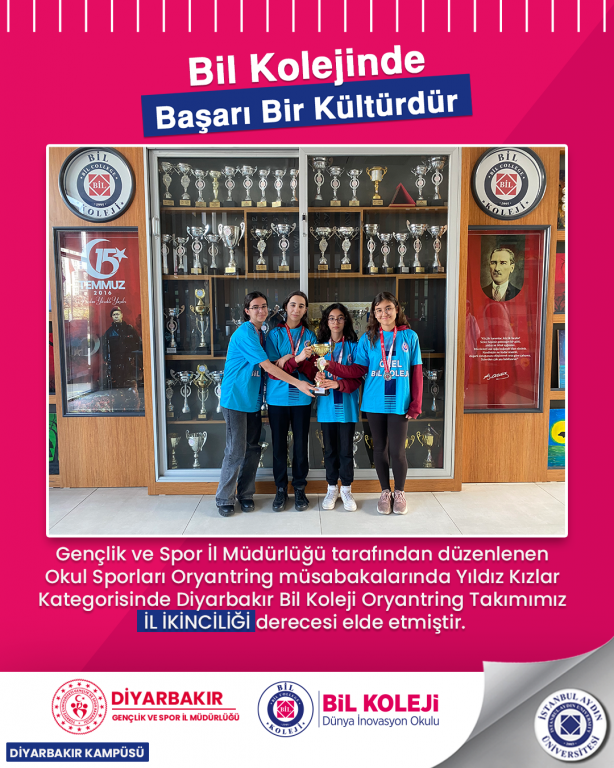 Gençlik ve Spor İl Müdürlüğü tarafından düzenlenenOkul Sporları Oryantring müsabakalarında Yıldız Kızlar Kategorisinde Diyarbakır Bil Koleji Oryantring Takımımız İL İKİNCİLİĞİ derecesi elde etmiştir.