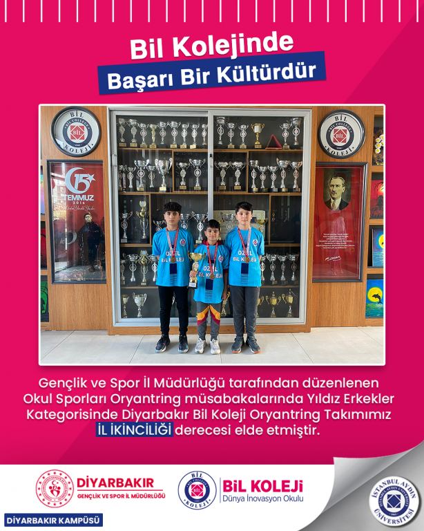 Gençlik ve Spor İl Müdürlüğü tarafından düzenlenen Okul Sporları Oryantring müsabakalarında Yıldız Erkekler Kategorisinde Diyarbakır Bil Koleji Oryantring Takımımız İL İKİNCİLİĞİ derecesi elde etmiştir.