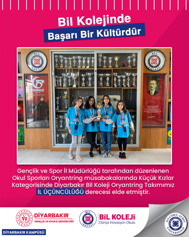 Gençlik ve Spor İl Müdürlüğü tarafından düzenlenen Okul Sporları Oryantring müsabakalarında Küçük Kızlar Kategorisinde Diyarbakır Bil Koleji Oryantring Takımımız İL ÜÇÜNCÜLÜĞÜ derecesi elde etmiştir.