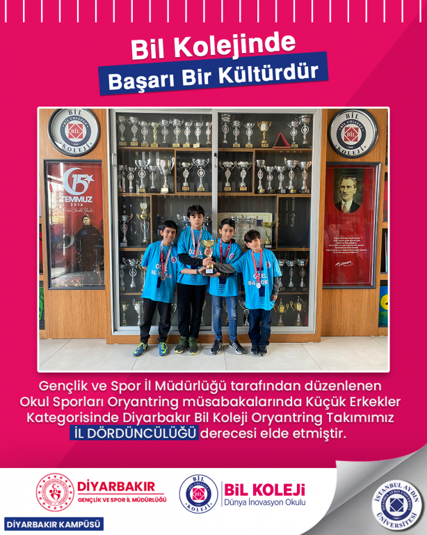 Gençlik ve Spor İl Müdürlüğü tarafından düzenlenen Okul Sporları Oryantring müsabakalarında Küçük Erkekler Kategorisinde Diyarbakır Bil Koleji Oryantring Takımımız İL DÖRDÜNCÜLÜĞÜ derecesi elde etmiştir.