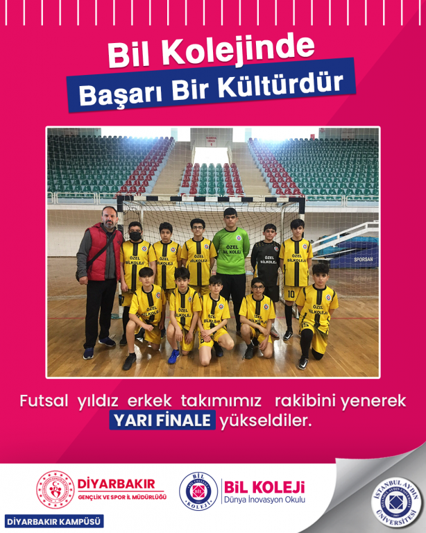 Gençlik ve Spor İl Müdürlüğü tarafından düzenlenen okullararası Salon Futbolu müsabakalarında Futsal yıldız erkek takımımız rakibini yenerek YARI FİNALE yükselmiştir.