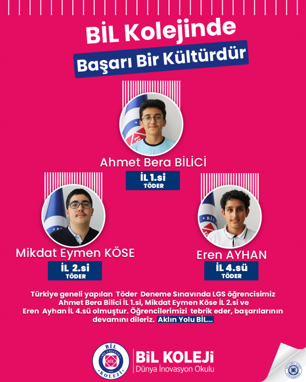 Türkiye geneli yapılan Töder Deneme Sınavında LGS öğrencisimiz Ahmet Bera Bilici İL 1.si, Mikdat Eymen Köse İL 2.si ve Eren Ayhan İL 4.sü olmuştur. Öğrencilerimizi tebrik eder, başarılarının devamını dileriz. Aklın Yolu BİL...