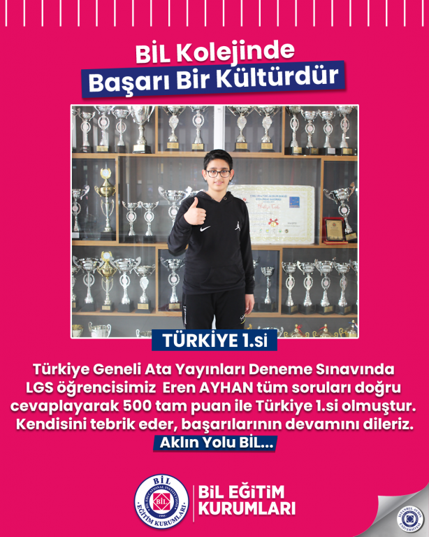 Türkiye Geneli Ata Yayınları Deneme Sınavında LGS öğrencisimiz Eren AYHAN tüm soruları doğru cevaplayarak 500 tam puan ile Türkiye 1.si olmuştur. Kendisini tebrik eder, başarılarının devamını dileriz. Aklın Yolu BİL...