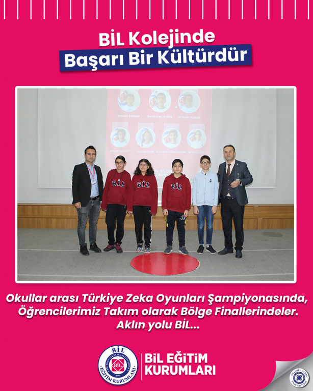 Okullar arası Türkiye Zeka Oyunları Şampiyonasında, Öğrencilerimiz Takım olarak Bölge Finallerindeler. Aklın yolu BİL...