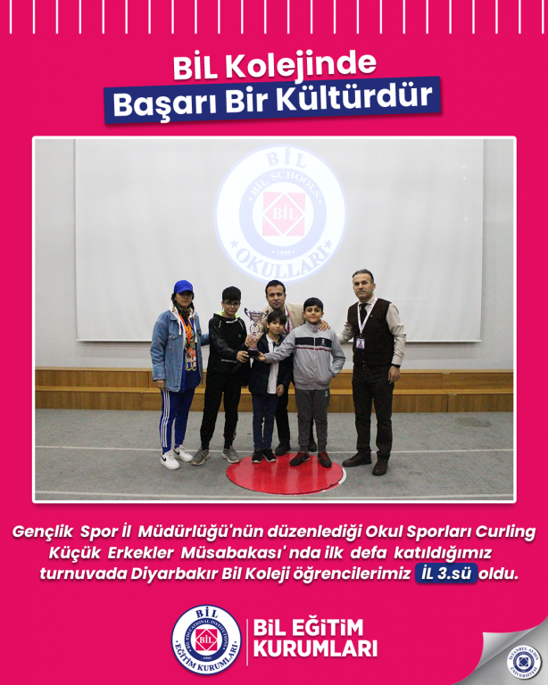 Gençlik Spor İl Müdürlüğü'nün düzenlediği Okul Sporları Curling Küçük Erkekler Müsabakası' nda ilk defa katıldığımız turnuvada Diyarbakır Bil Koleji öğrencilerimiz İL 3.sü oldu.