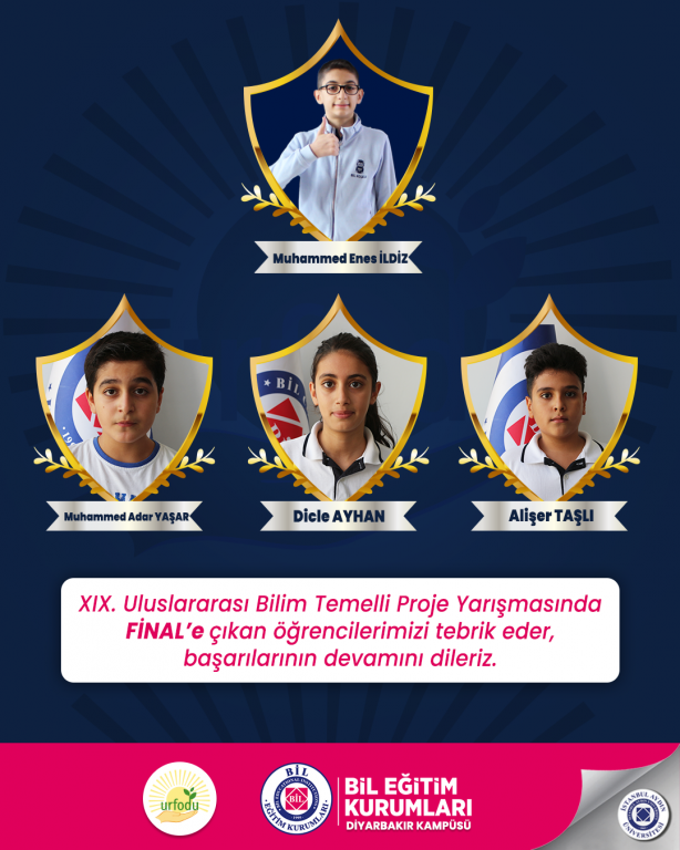 XIX. Uluslararası Bilim Temelli Proje Yarışmasında finale çıkan öğrencilerimizi tebrik eder, başarılarının devamını dileriz.