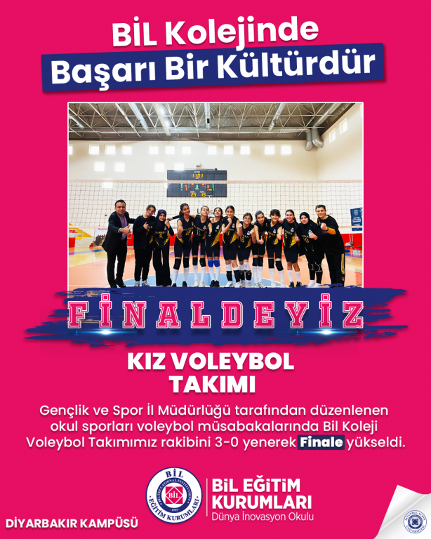 Gençlik ve Spor İl Müdürlüğü tarafından düzenlenen okul sporları voleybol müsabakalarında Bil Koleji Voleybol Takımımız rakibini 3-0 yenerek Finale yükseldi.