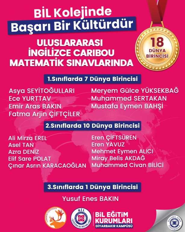 ULUSLARARASI İNGİLİZCE CARIBOU MATEMATİK SINAVLARINDA 18 DÜNYA BİRİNCİSİ