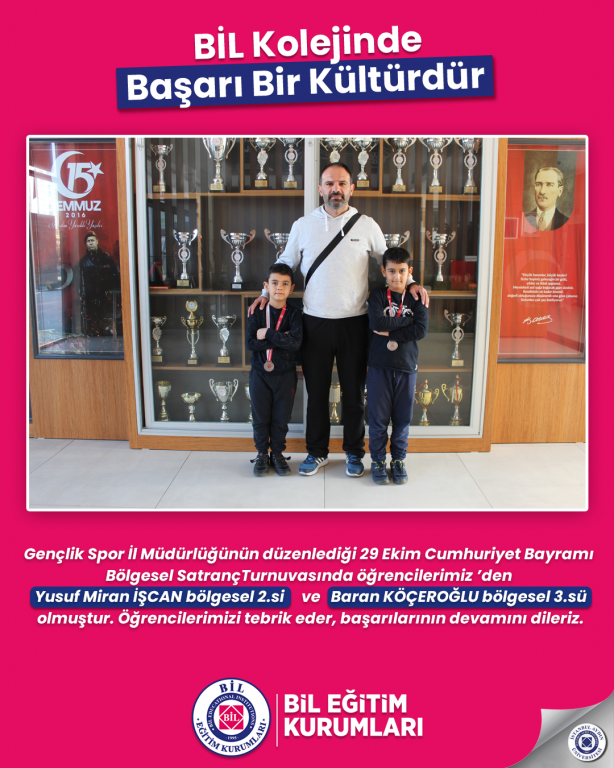Gençlik Spor İl Müdürlüğünün düzenlediği 29 Ekim Cumhuriyet Bayramı Bölgesel Satranç Turnuvasında öğrencilerimiz ’den Yusuf Miran İŞCAN bölgesel 2.si ve Baran KÖÇEROĞLU bölgesel 3.sü olmuştur. Öğrencilerimizi tebrik eder, başarılarının devamını dileriz.