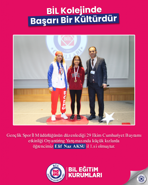 Gençlik Spor İl Müdürlüğünün düzenlediği 29 Ekim Cumhuriyet Bayramı etkinliği Oryantiring Yarışmasında küçük kızlarda öğrencimiz Elif Naz AKSU il 1.si olmuştur.
