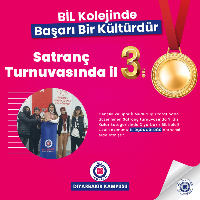Gençlik ve Spor İl Müdürlüğü tarafından düzenlenen Satranç turnuvasında Yıldız Kızlar kategorisinde Diyarbakır BİL Koleji Okul Takımımız İL ÜÇÜNCÜLÜĞÜ derecesi elde etmiştir.