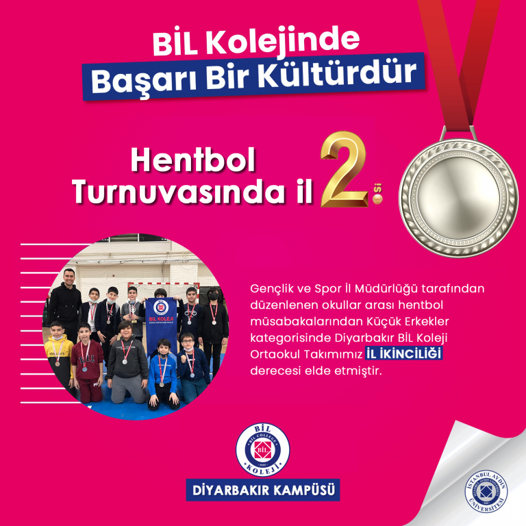 Gençlik ve Spor İl Müdürlüğü tarafından düzenlenen okullar arası hentbol müsabakalarından Küçük Erkekler kategorisinde Diyarbakır BİL Koleji Ortaokul Takımımız İL İKİNCİLİĞİ derecesi elde etmiştir.