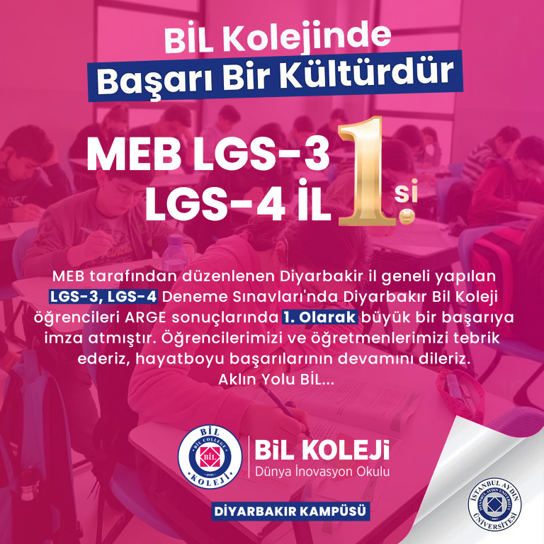 MEB tarafından düzenlenen Diyarbakir il geneli yapılan LGS-3, LGS-4 Deneme Sınavları'nda Diyarbakır Bil Koleji öğrencileri ARGE sonuçlarında 1. Olarak büyük bir başarıya imza atmıştır. Öğrencilerimizi ve öğretmenlerimizi tebrik ederiz, hayatboyu başarılar