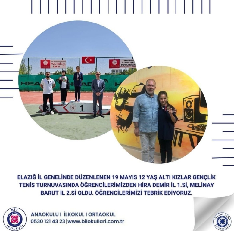 Elazığ İl Genelinde Düzenlenen 19 Mayıs 12 Yaş Altı Kızlar Gençlik Tenis Turnuvasında Öğrencilerimizden Hira DEMİR İl Birincisi, Melinay BARUT İl İkincisi Oldu. Öğrencilerimizi Tebrik Ediyoruz.