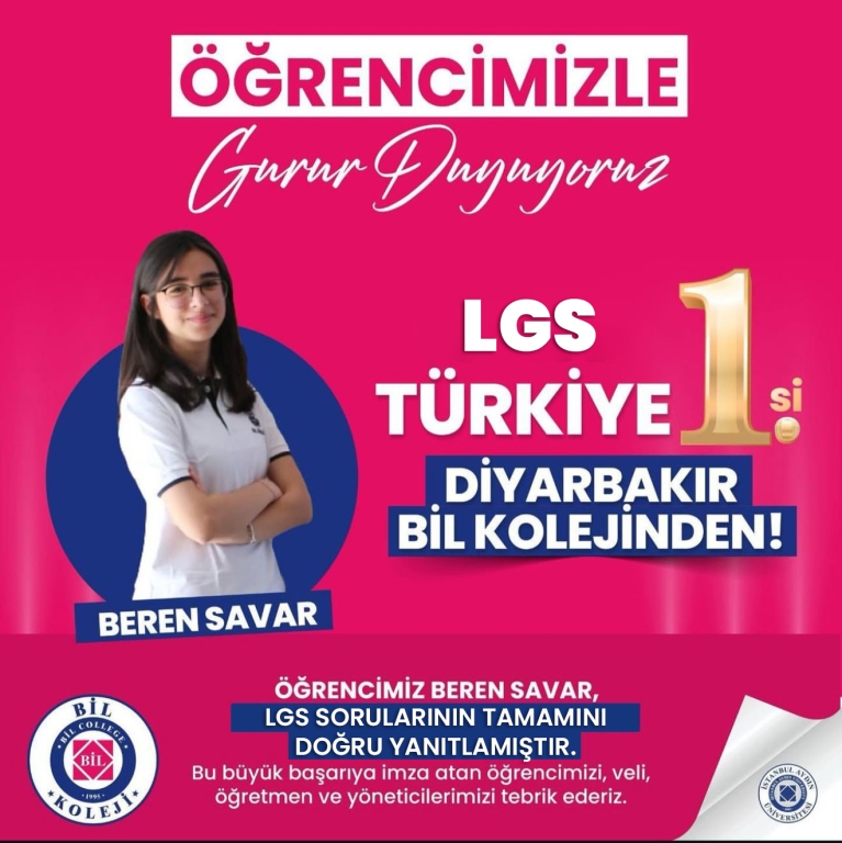 Öğrencimiz Beren SAVAR LGS sınavında tüm soruları doğru cevaplayarak 500 tam puan alıp Türkiye 1.si olmuştur.
