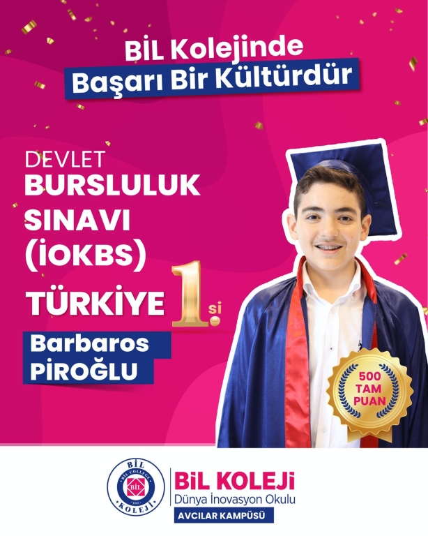 Öğrencimiz Barbaros Piroğlu, İOKBS (Bursluluk Sınavı)’nda gösterdiği üstün başarıyla Türkiye 1.si olarak bizlere büyük bir mutluluk yaşattı. Azmi, disiplini ve kararlılığıyla bu önemli başarıya ulaşan öğrencimizi, ailesini ve emeği geçen tüm öğretmenlerim