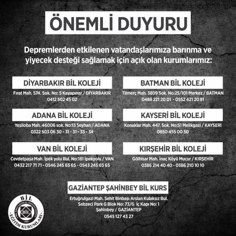 Kırşehir Bil Kolejimiz Depremzedelerin Barınma ve Yiyecek İhtiyaçlarını Karşılamaya hazır durumdadır.