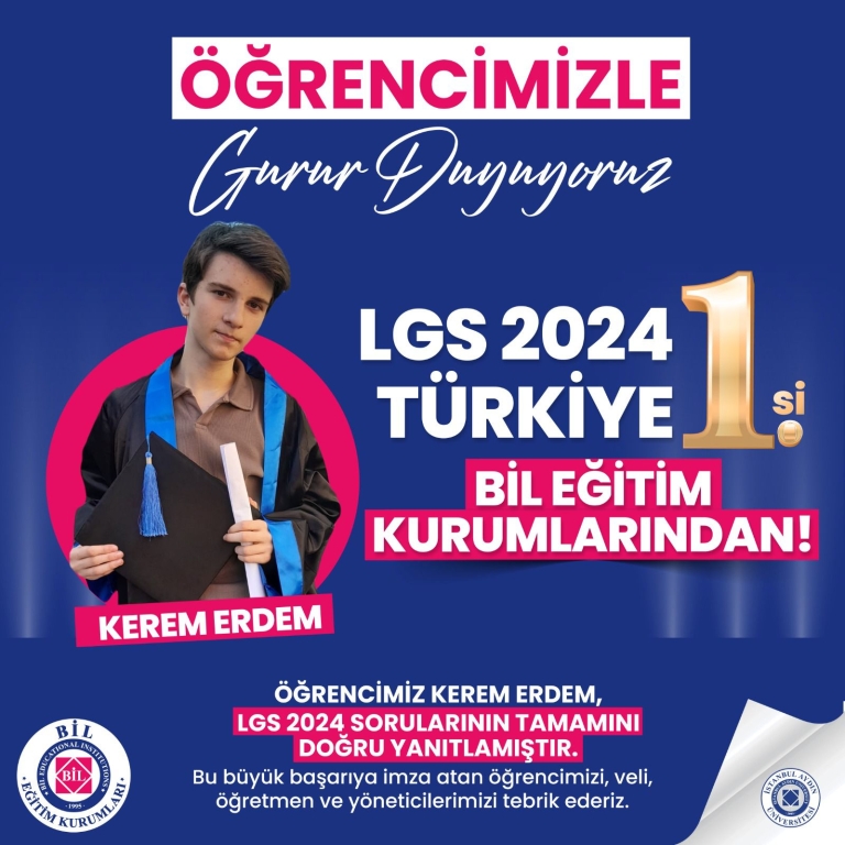 LGS 2024 Türkiye 1.si BİL Eğitim Kurumlarında! Öğrencimiz KEREM ERDEM LGS 2024 Sorularının Tamamını doğru yanıtlamıştır. Bu büyük başarıya imza atan öğrencimizi, veli, öğretmen ve yöneticilerimizi tebrik ederiz.