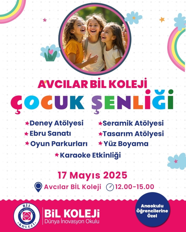Avcılar Bil Koleji’nde Çocuk Şenliği Başlıyor! Renkli seramik atölyesi, eğlenceli yüz boyama, neşeli karaoke, yaratıcı tasarım çalışmaları ve heyecan dolu deneylerle dolu bir gün sizi bekliyor! Minik misafirlerimizi dopdolu bir şenlikte buluşturuyoruz!