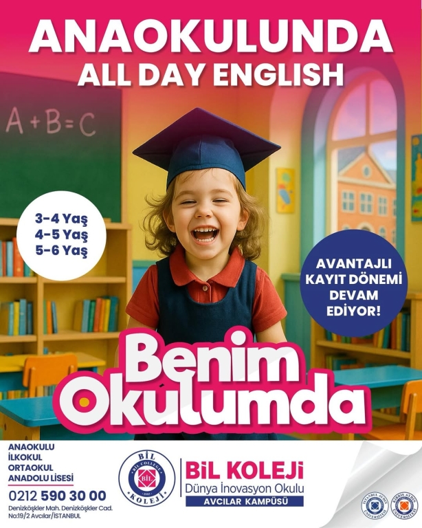 Benim Okulumda Gelecek Başlıyor! 3-6 yaş arası minikler için All Day English programıyla dolu dolu bir anaokulu deneyimi BİL Koleji Avcılar Kampüsünde! Eğlenerek öğrenen, İngilizceye erken yaşta hâkim olan, Geleceğe sağlam adımlarla yürüyen çocuklar için buradayız! Avantajlı kayıt dönemi devam ediyor! 0212 590 30 00 #BİLKoleji #Anaokulu #AllDayEnglish #AvcılarKampüsü #ErkenYaştaİngilizce #MutluÇocuklar