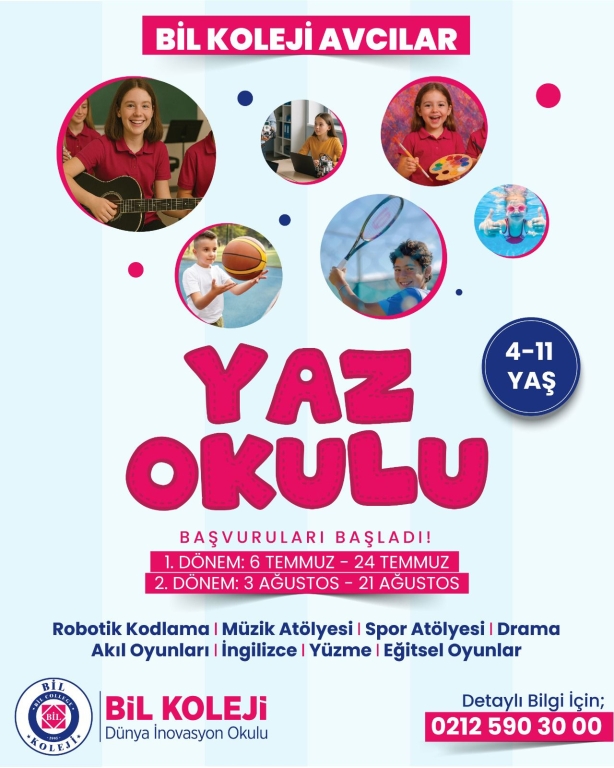 Yaz Tatilini Eğlence ve Gelişimle Doldurun! Bil Koleji Avcılar Yaz Okulu ile çocuklar hem eğlenecek hem de keşfederek öğrenecek! 4-11 yaş arası öğrencilerimiz için hazırlanan dolu dolu programımızda; Robotik Kodlama Müzik Atölyesi Spor Atölyesi Drama Akıl Oyunları İngilizce Yüzme Eğitsel Oyunlar hepsi bir arada! 1. Dönem: 6 Temmuz – 24 Temmuz 2. Dönem: 3 Ağustos – 21 Ağustos Çocuğunuzun yaz tatili unutulmaz bir deneyime dönüşsün! Detaylı bilgi ve başvuru için: 0212 590 30 00 #BilKoleji #YazOkulu #Avcılar #ÇocukGelişimi #EğlenerekÖğren