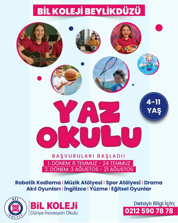Yaz tatilini eğlence ve gelişimle doldurun. Bil Koleji Beylikdüzü Yaz Okulu ile çocuklar hem eğlenecek hem de keşfederek öğrenecek. 4-11 yaş arası öğrencilerimiz için hazırlanan programda; Robotik Kodlama Müzik Atölyesi Spor Atölyesi Drama Akıl Oyunları İngilizce Yüzme Eğitsel Oyunlar yer almaktadır. 1. Dönem: 6 Temmuz – 24 Temmuz 2. Dönem: 3 Ağustos – 21 Ağustos Çocuğunuzun yaz tatilini verimli ve keyifli bir deneyime dönüştürmek için sizleri bekliyoruz. Detaylı bilgi ve başvuru için: 0212 590 78 78 #BilKoleji #YazOkulu #Beylikdüzü #ÇocukGelişimi #EğlenerekÖğren